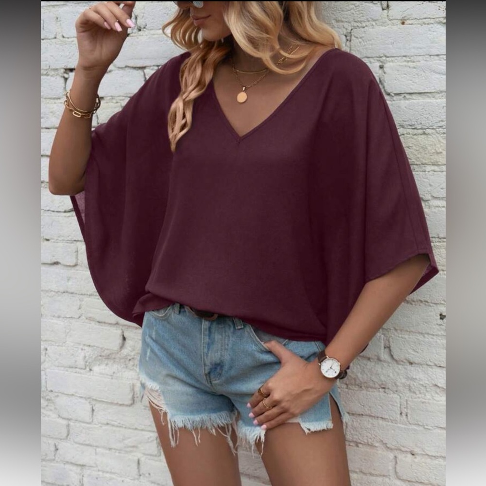Maroon Casual Batwing Sleeve Women's Top